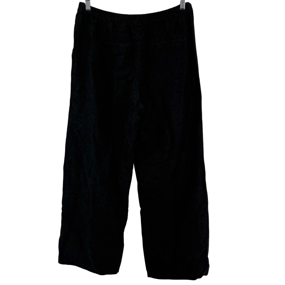 H&M Wide Leg Pants Women Size L Black Linen Blend Elastic Waist Relaxed Trousers